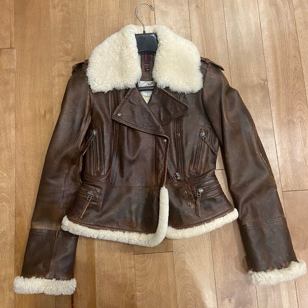Vintage Leather Moto Jacket with Shearling Collar, Cuffs and Trim